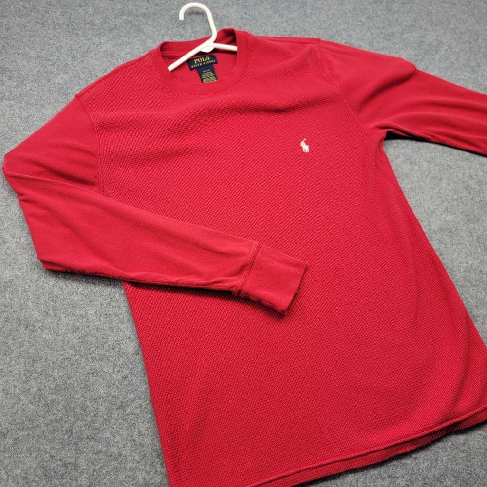 Polo Ralph Lauren Red Waffle Knit Long Sleeve Medium  White Pony